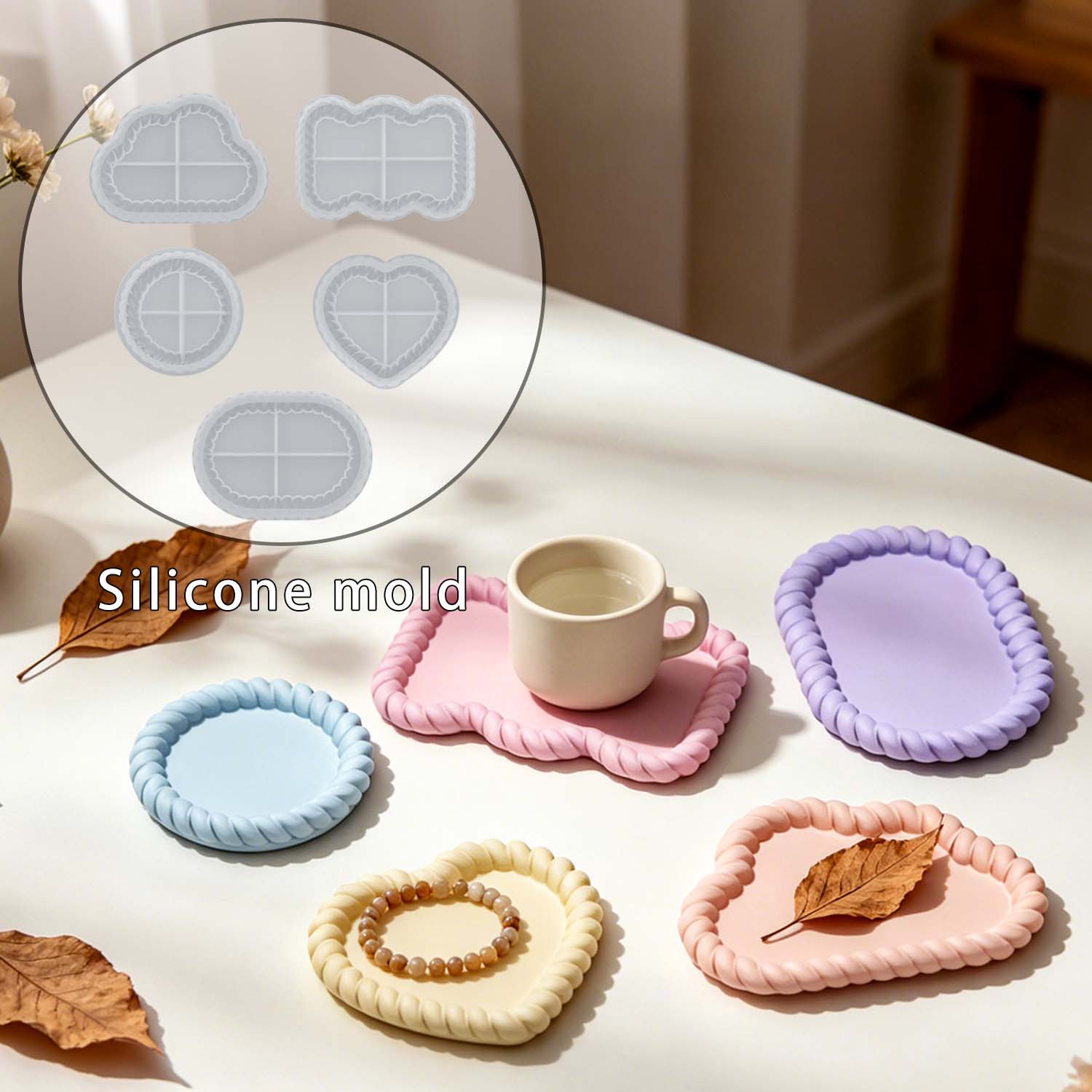 Serving Tray Mold - ชุดจานรองแก้วจากปอกระเจาหลากหลายแบบ, แม่พิมพ์ดอกไม้เรซิ่นคริสตัล, กล่องเก็บจานรองแก้วรูปขวด, อุปกรณ์จัดระเบียบและตกแต่งบ้าน