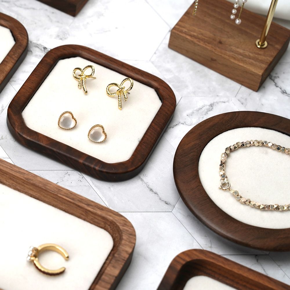 Wood Ring Blank - ถาดไม้ทรงเรขาคณิตเรียบง่าย ถาดกำมะหยี่ใส่ต่างหู กล่องใส่ต่างหู ถาดโชว์ต่างหู ที่จัดระเบียบเครื่องประดับ ที่วางแหวนและต่างหูสุดหรู